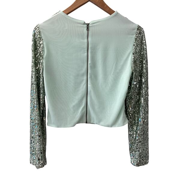 ALICE + OLIVIA Delaina Long Sleeve Sea Green Sequin Crop Top Size Large - Picture 9 of 10